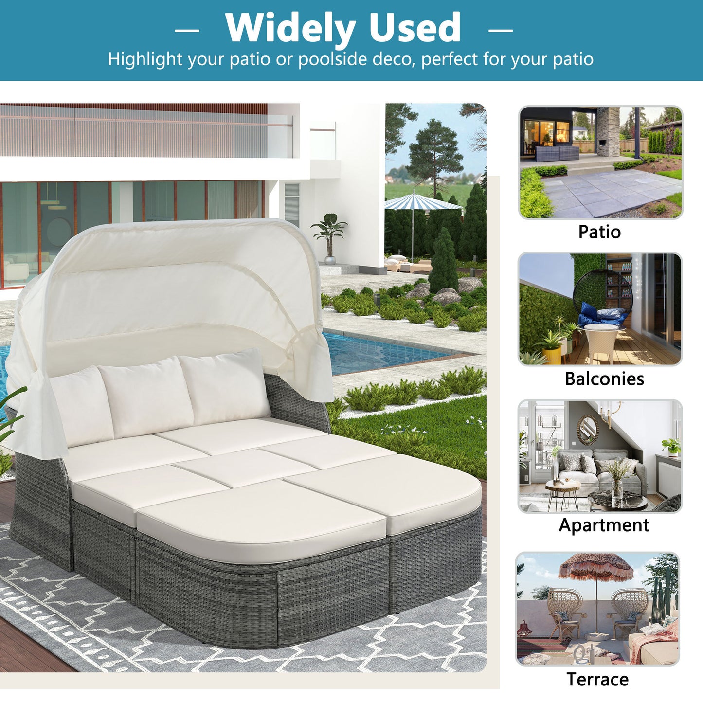 Zella Outdoor Daybed with Retractable Canopy Set - Beige