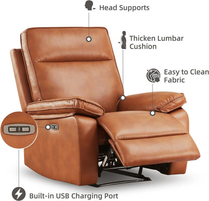 Emma Oversized Leather Power Recliner with USB Port - Caramel