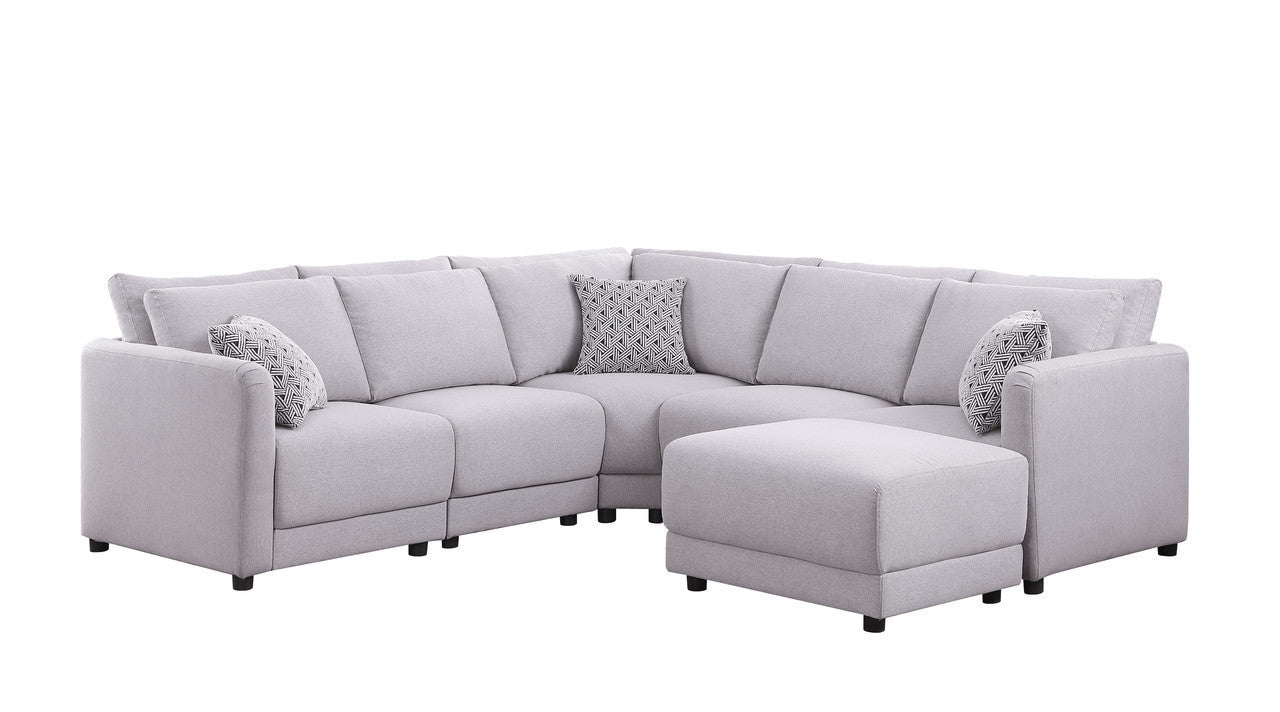 Penelope Linen Fabric Reversible L-Shape Sectional Sofa with Ottoman and Pillows -  Light Gray