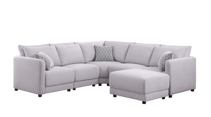 Penelope Linen Fabric Reversible L-Shape Sectional Sofa with Ottoman and Pillows -  Light Gray