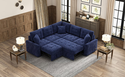 Novak L-shape Sofa Bed Pull-out Sleeper Sofa with Wheels - Navy Blue