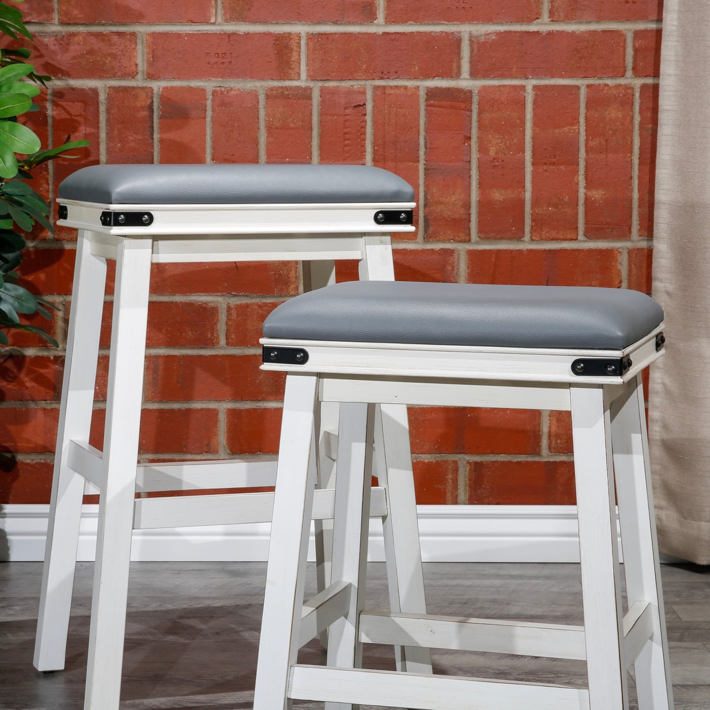 Flat Counter Stool, Antique White, Gray Leather Seat