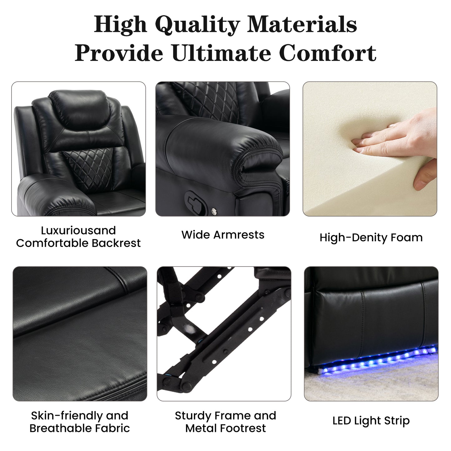 Milo Manual Recliner Chair with LED Light Strip - Black