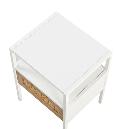 Rattan End table with  drawer Modern nightstand - White