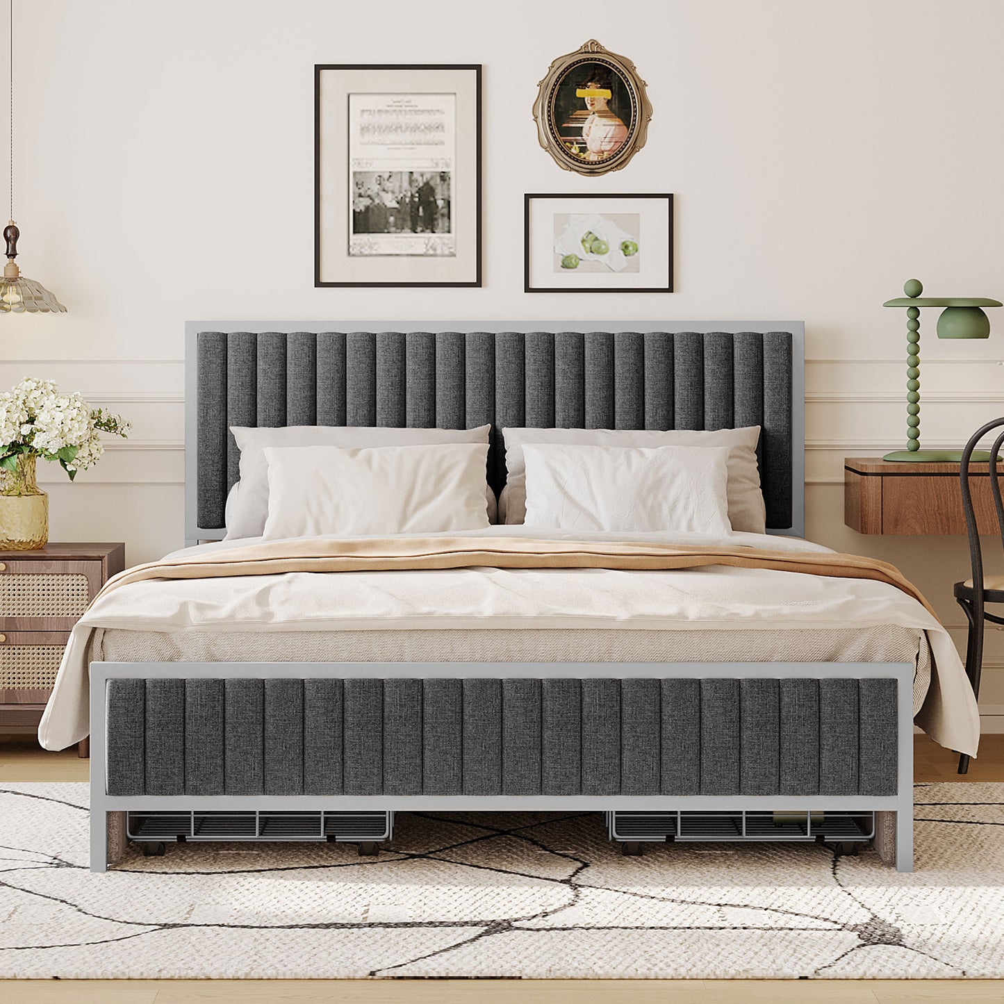 Maza Queen Size Metal Frame Upholstered Bed w Drawers - Gray