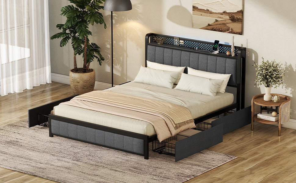 Kie Queen Size Bed Frame with LED - Dark Gray