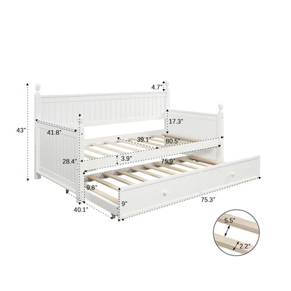 Ommy Twin Size Wooden Daybed with Twin Size Trundle - White