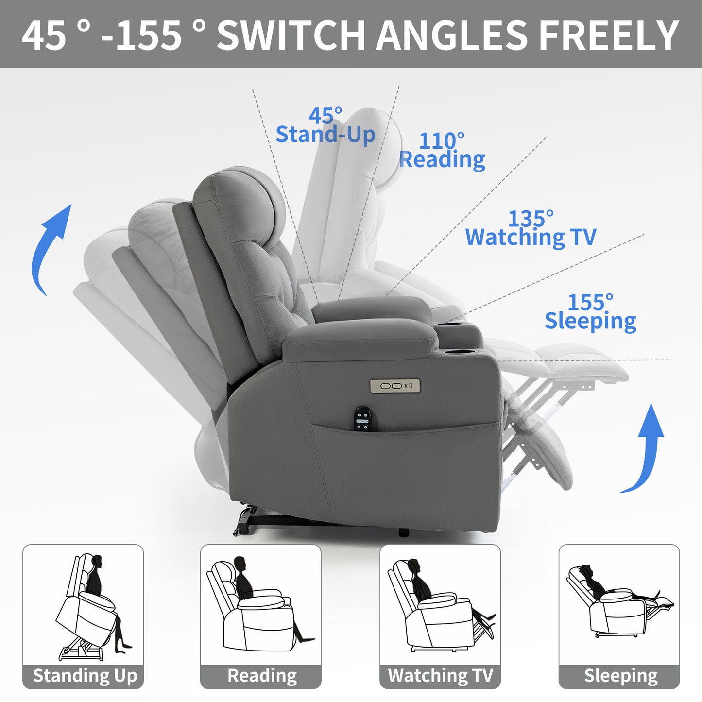 Okin II Power Lift Fabric Recliner Chair with Massage & Heat - Grey