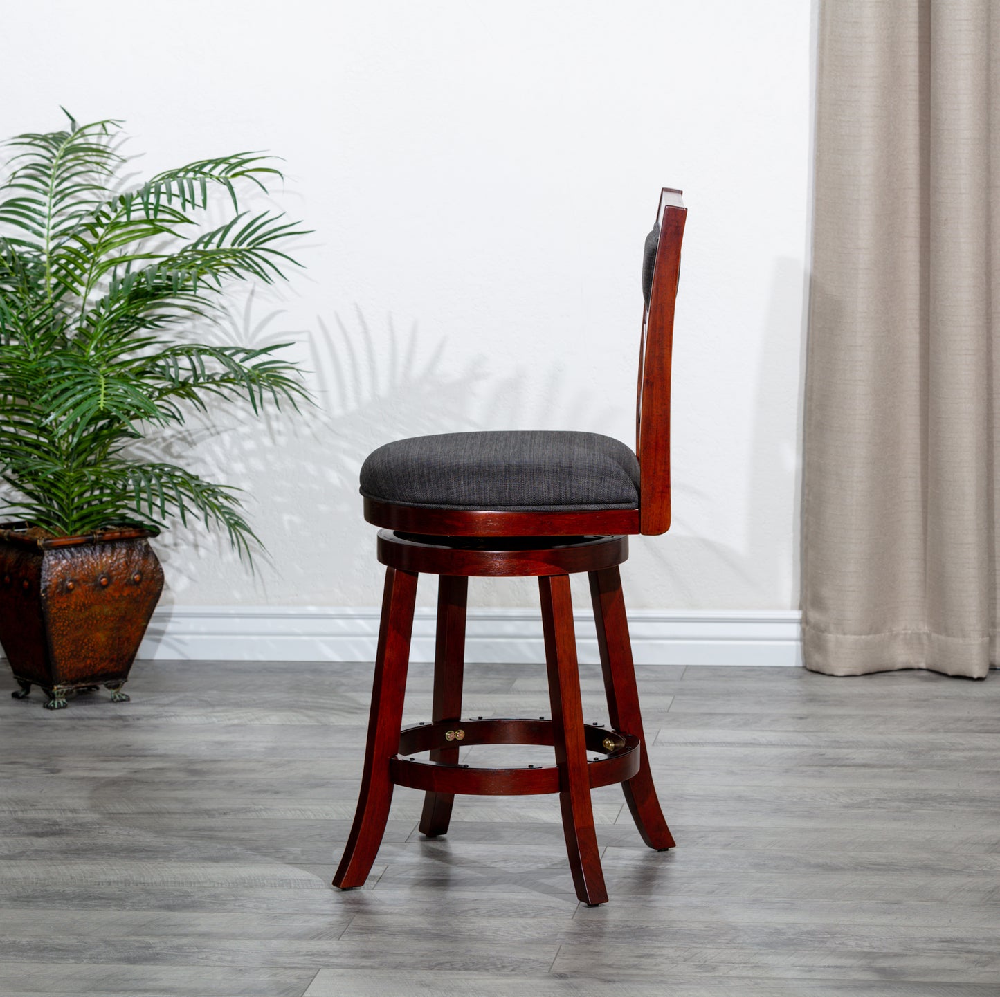 Counter Height X-Back Swivel Stool, Cherry Finish, Charcoal Fabric Seat