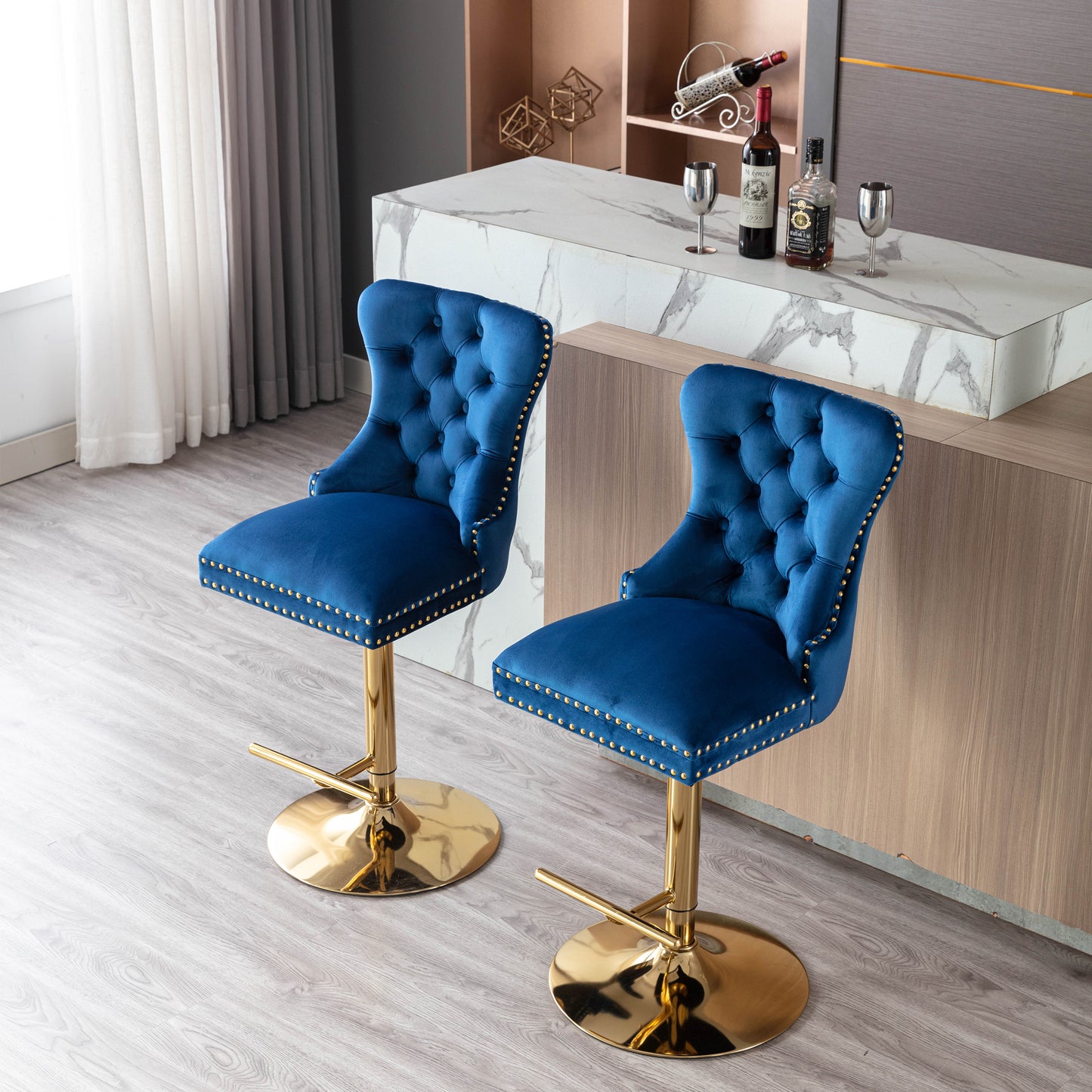 Amias Velvet Counter Height Bar Stools with Tufted  - Navy Blue Set of 2