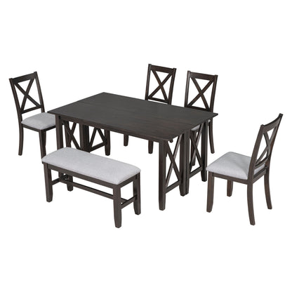 Stella 6pc Dining Set Solid Wood Table 4x Side Chairs And Bench - Espresso