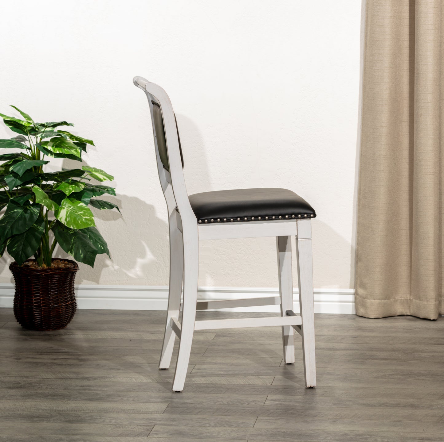 Counter Stool, Antique White Finish, Black Leather Seat