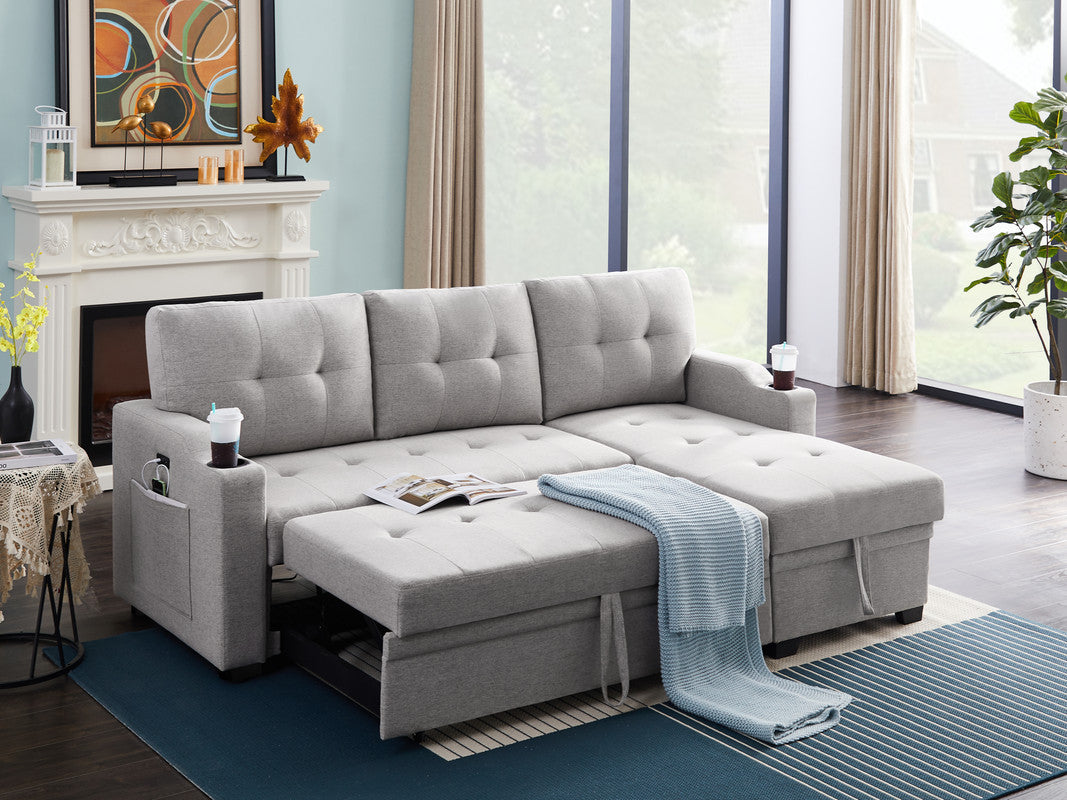 Mabel Linen Fabric Sleeper Sectional with cupholder, USB charging port and pocket - Light Gray