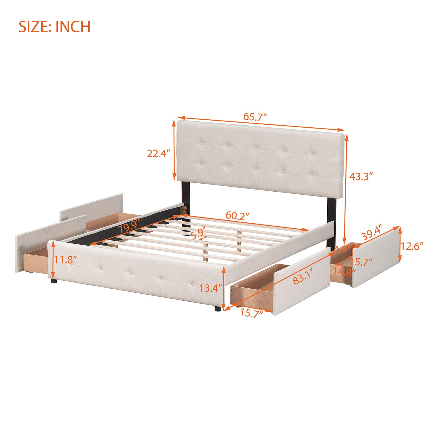 Draco Queen Size Platform Bed with 4 Drawers - Beige