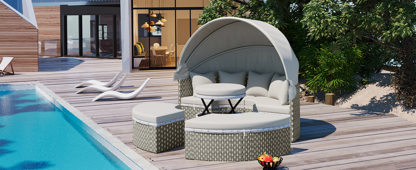 Malena 5 Pc Round Rattan Sectional Sofa Set with Retractable Canopy - Gray