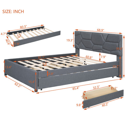 Brick Queen Size Platform Bed with 2 drawers and Twin Size Trundle - Gray