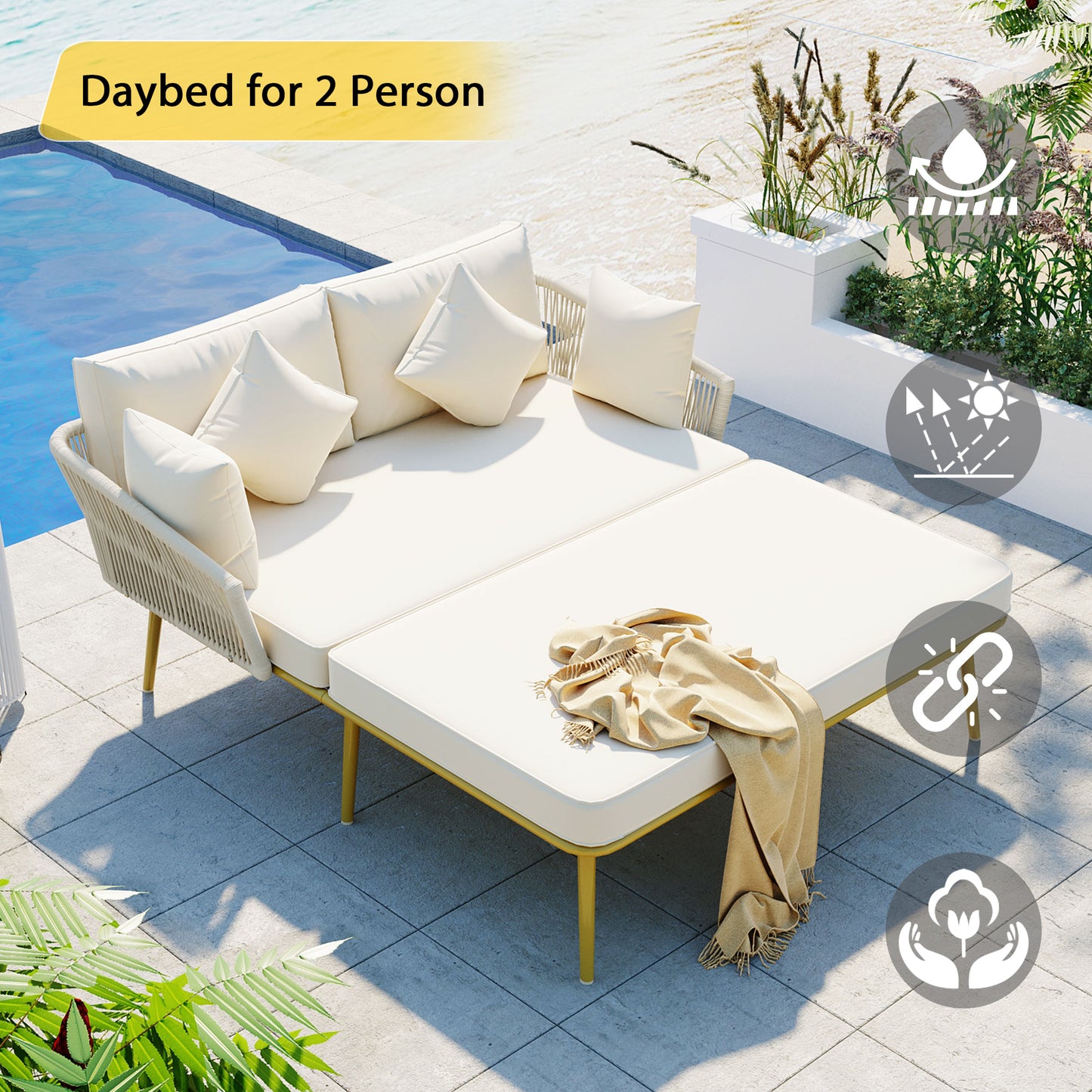 Easton Woven Nylon Rope Backrest Outdoor Patio Daybed - Beige+Gold