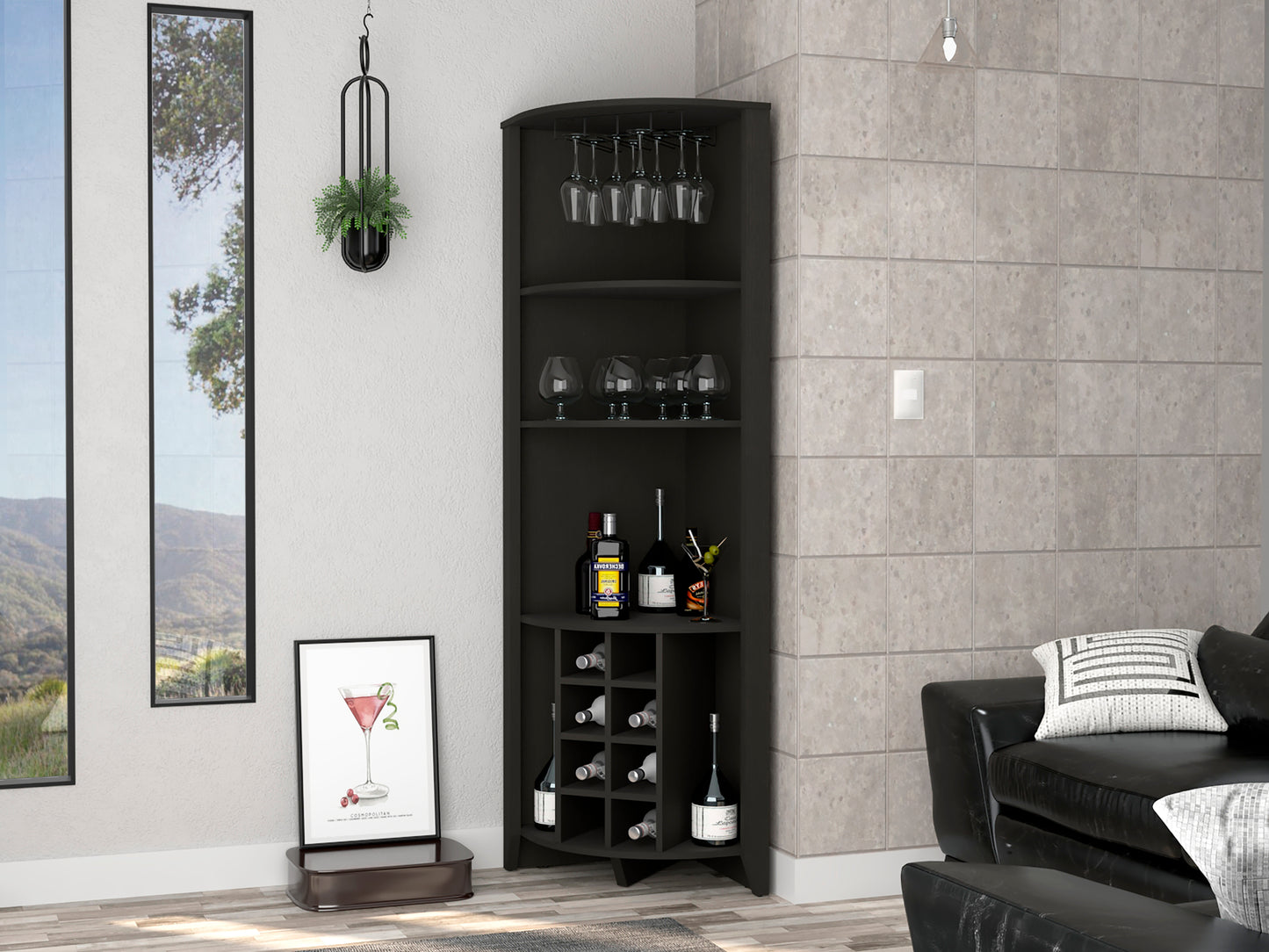 Morgana 8-Bottle 5-Shelf Corner Bar Cabinet - Black