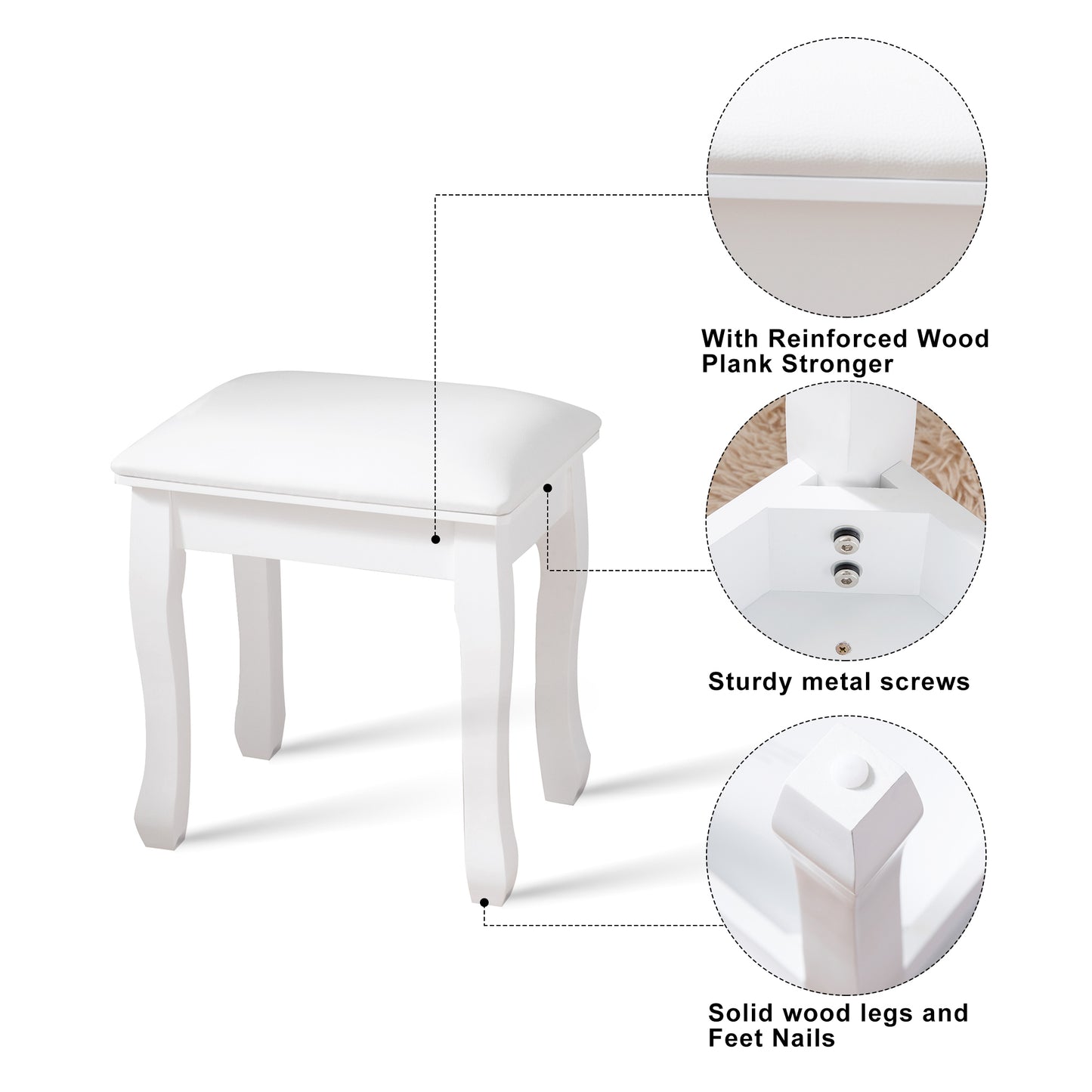 Vanity Stool Padded Makeup Chair Bench with Solid Wood Legs - White