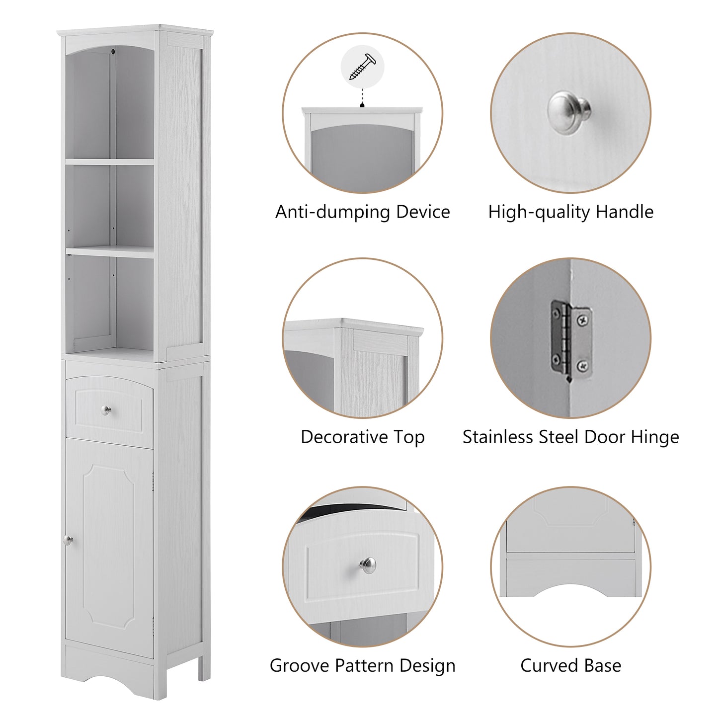 Tower Bathroom Cabinet with Drawer - White