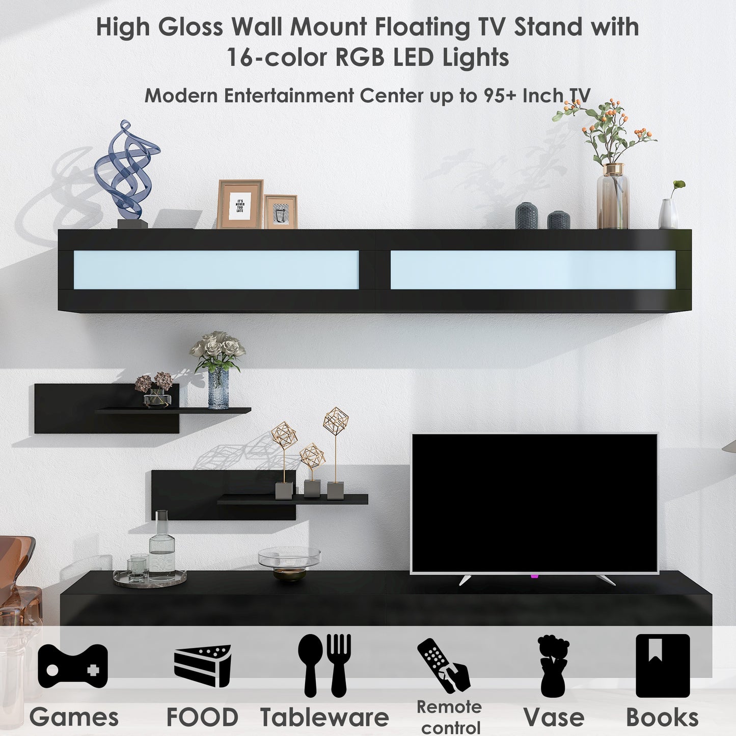 Sega Wall Mount Floating TV Stand with Four Media Storage - Black