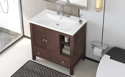 Wooden Bathroom Vanity with Ceramic Sink - Brown