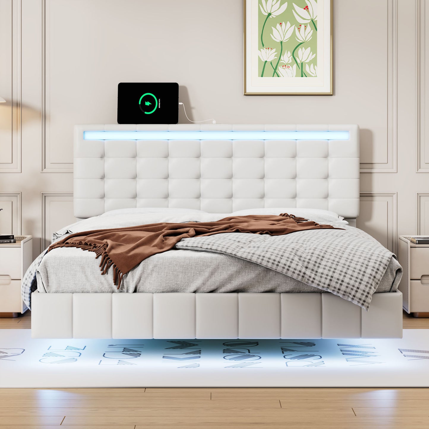 Marc Full Size Floating Bed Frame with LED - White