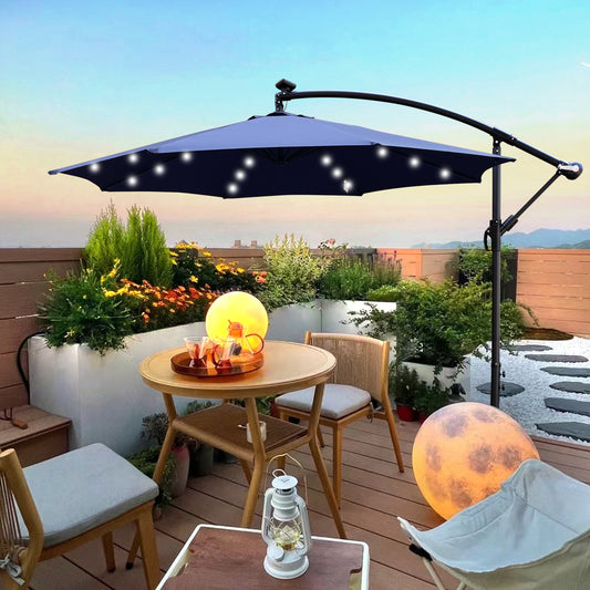 Alexa 10 ft Outdoor Umbrella Solar LED with Cross Base - Navy Blue
