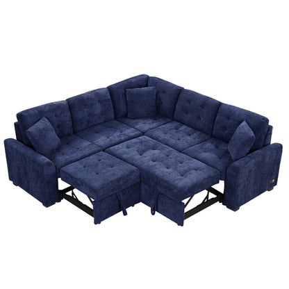 Novak L-shape Sofa Bed Pull-out Sleeper Sofa with Wheels - Navy Blue