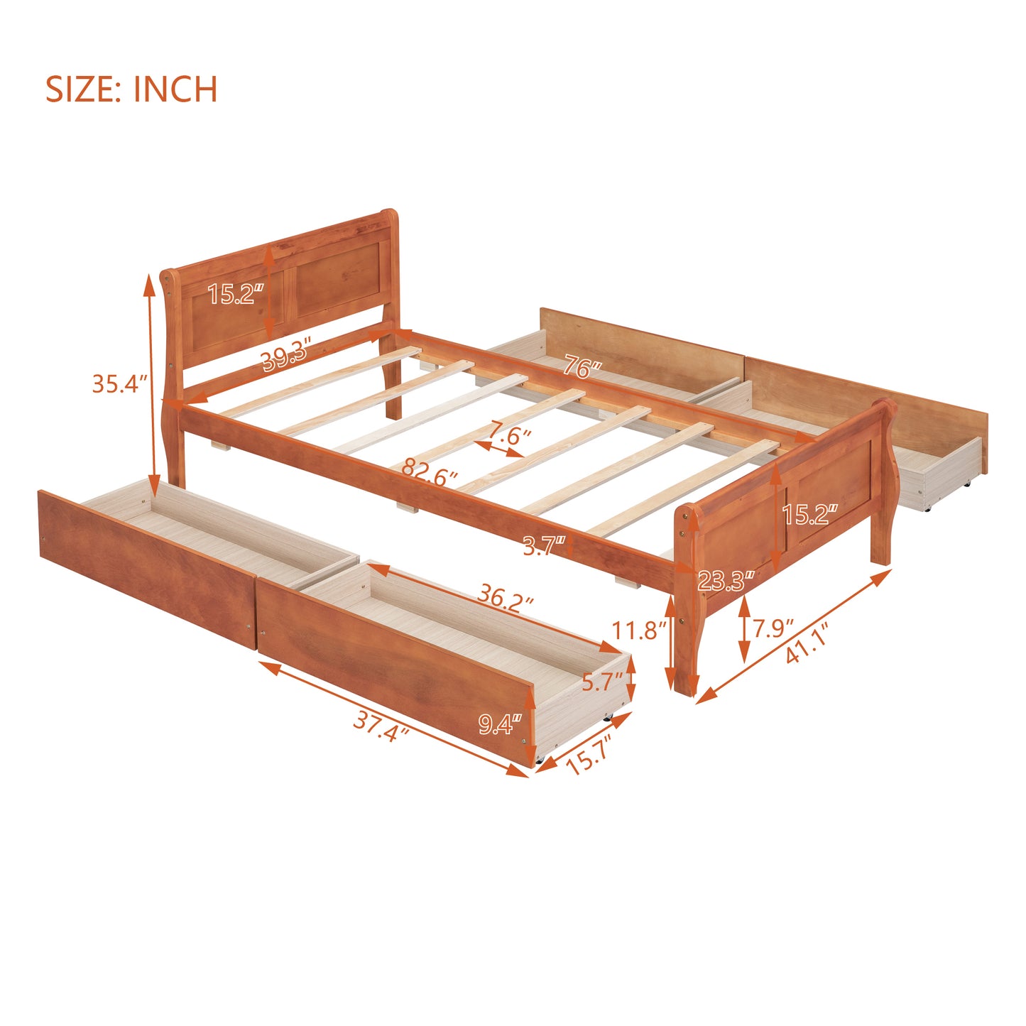 Meg Twin Size Wood Platform Bed with 4 Drawers - Oak