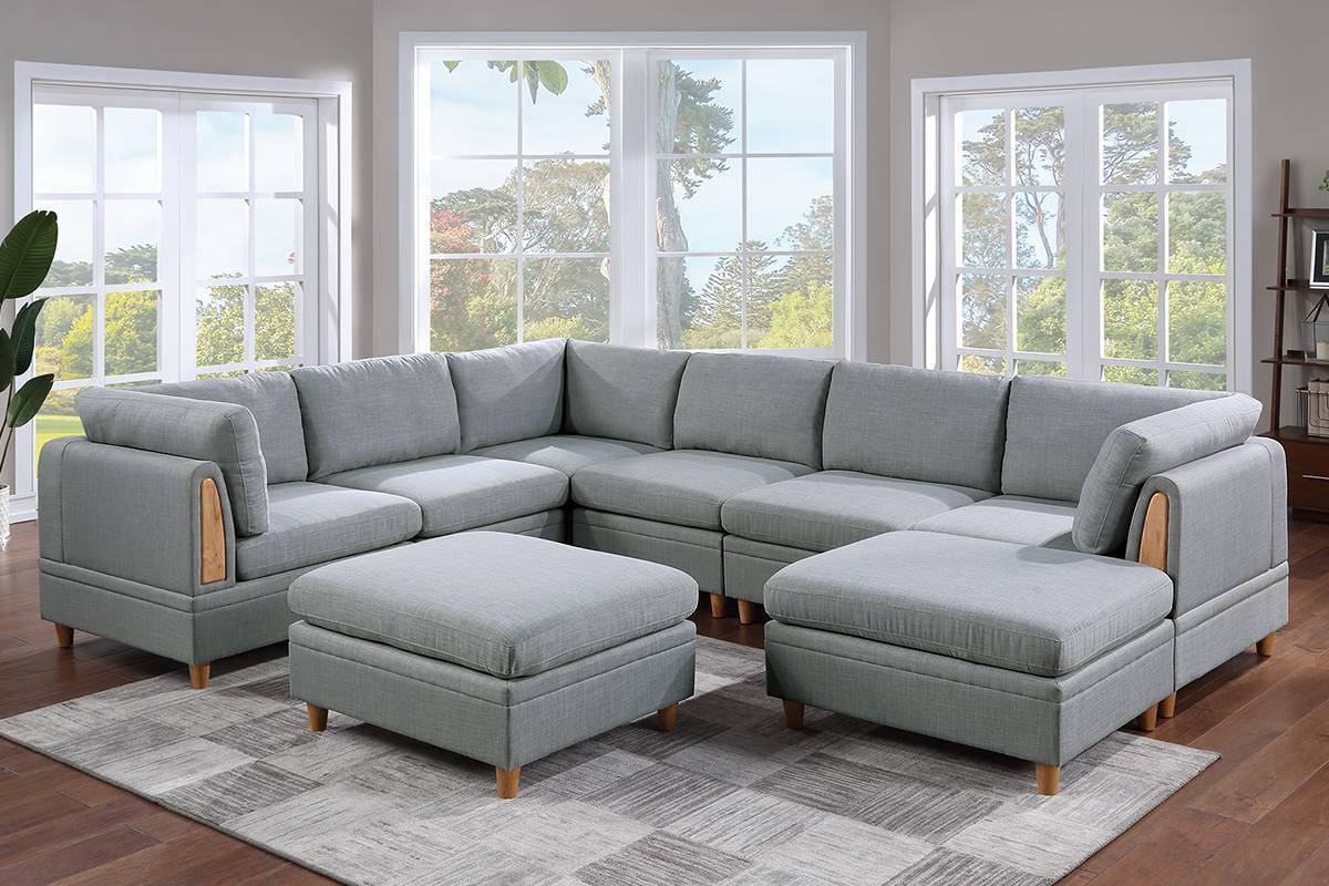 Elena 8pc Sectional Sofa Set  Dorris Fabric Couch 3x Wedges 3x Armless Chair And 2x Ottomans - Light Grey