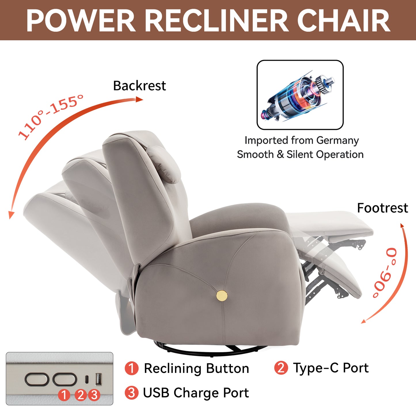 Bryce Power Recliner Chair with Lumbar and Neck Support - Gray