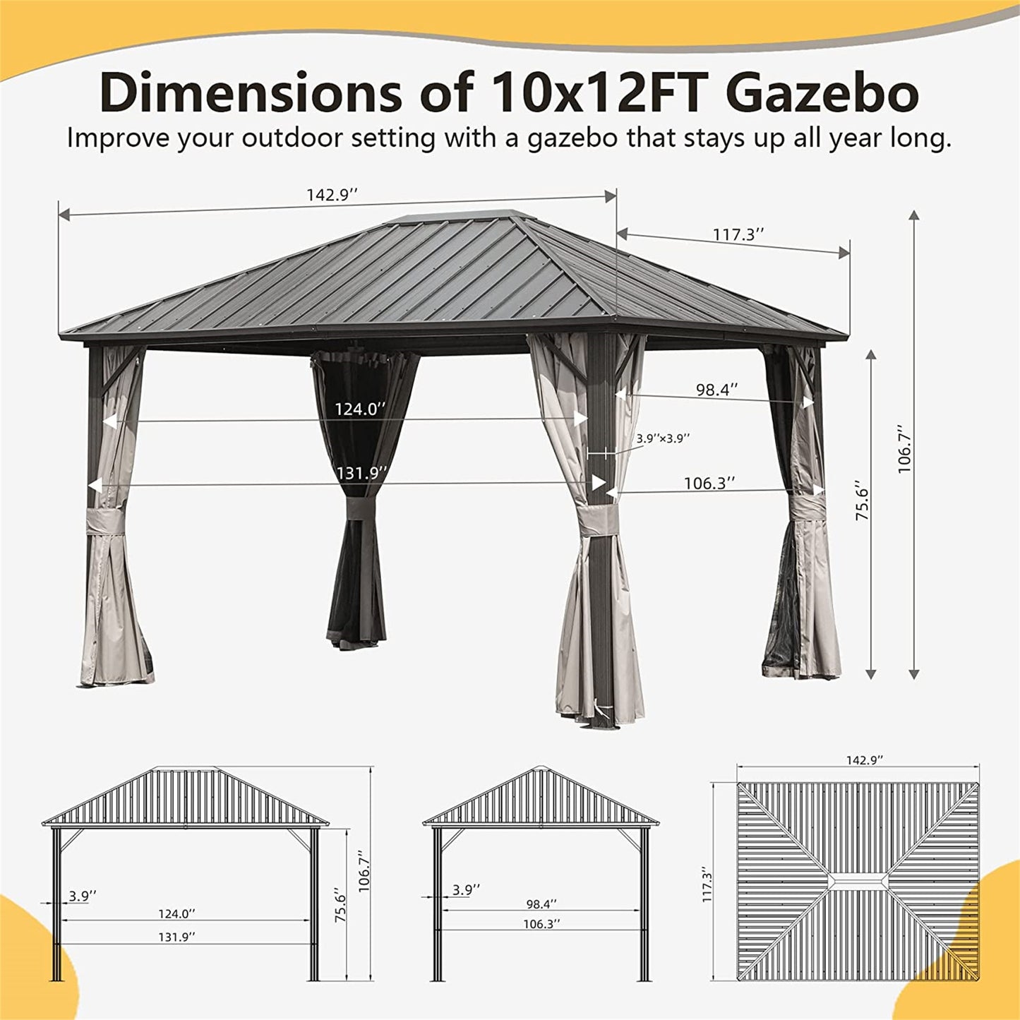 Newton 10 X 12 ft Outdoor Galvanized Steel Roof Gazebo - Dark Brown