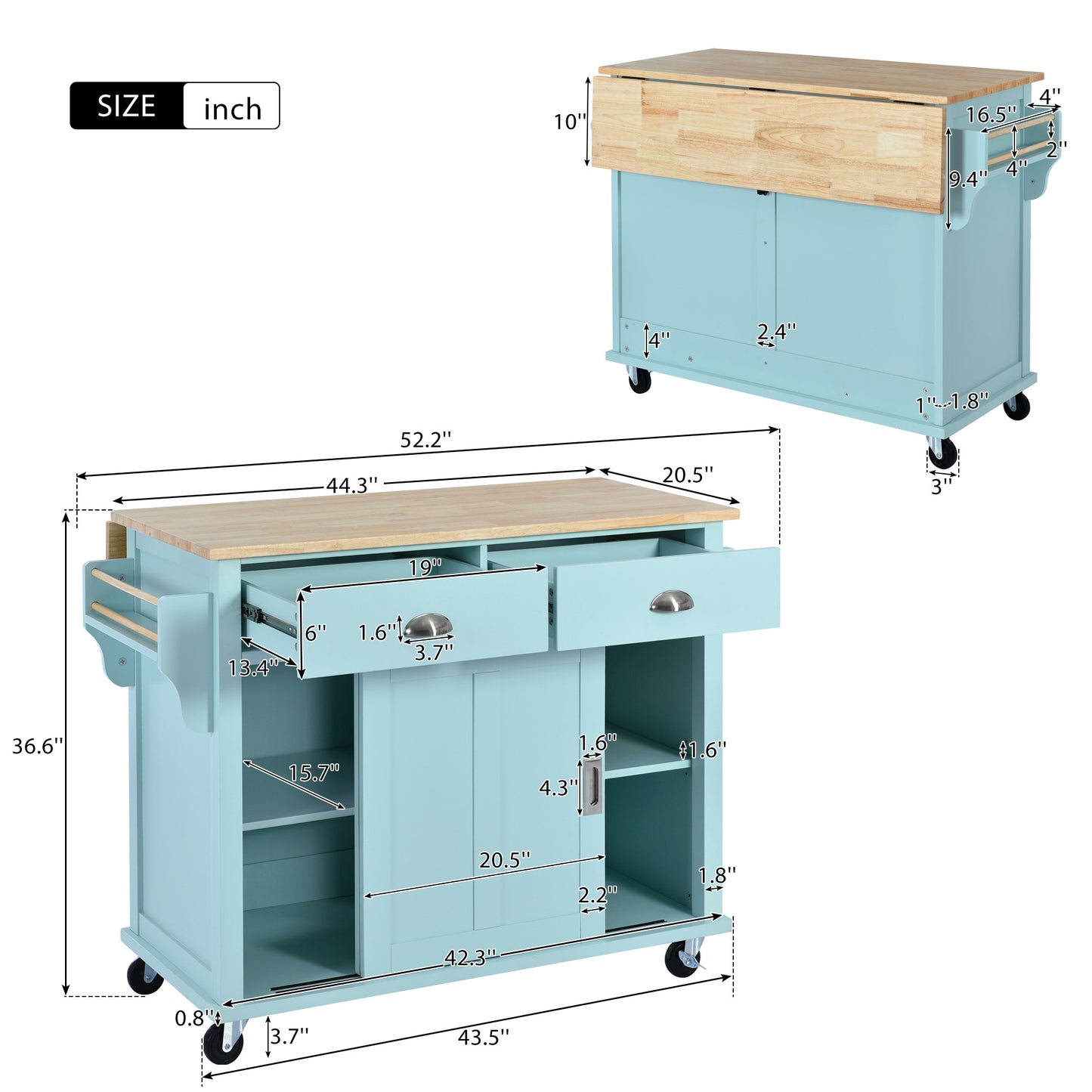 Culinary  Kitchen Cart with Countertop With Barn Door - Mint Green