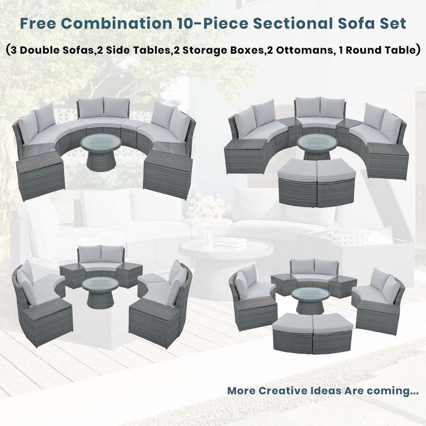 Clarkson 10 Pc Patio Rattan Half Round Sectional Sofa Set - Light Gray