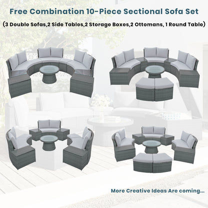 Clarkson 10 Pc Patio Rattan Half Round Sectional Sofa Set - Light Gray