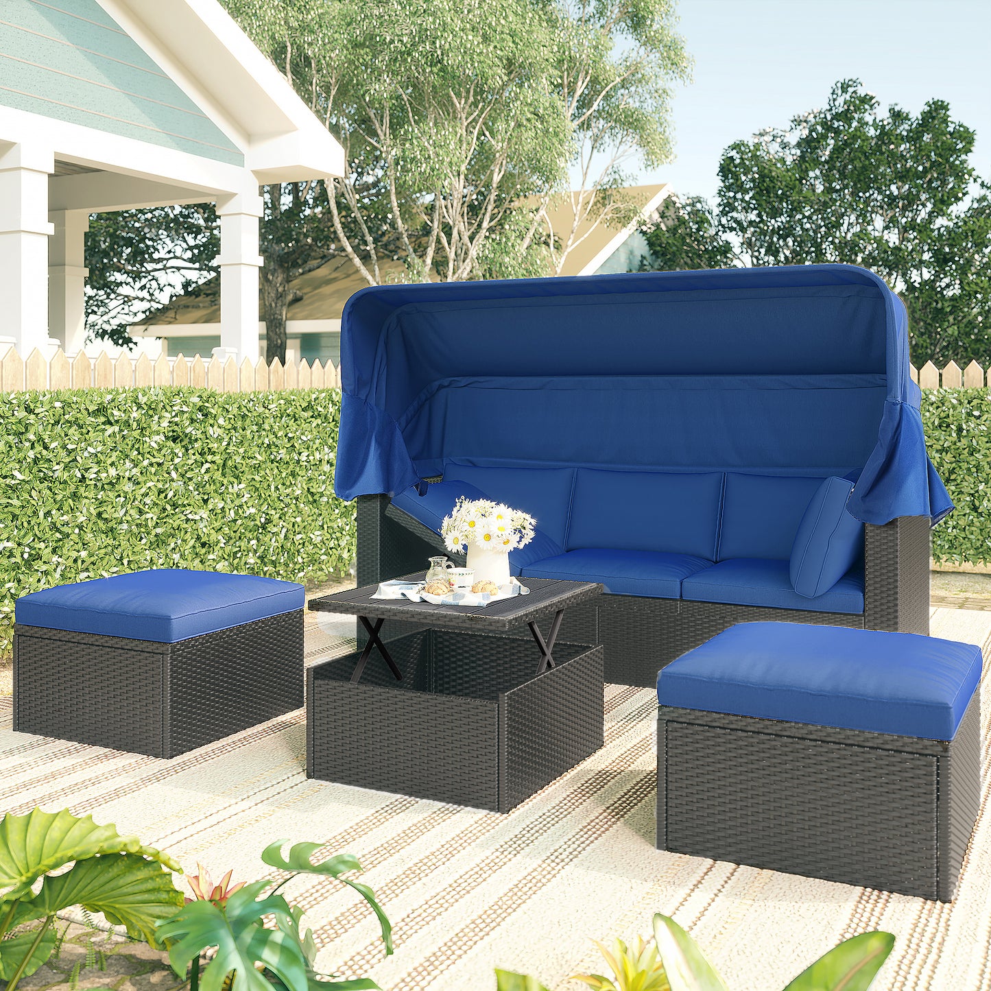 Getta Outdoor Patio Rectangle Daybed with Retractable Canopy - Blue