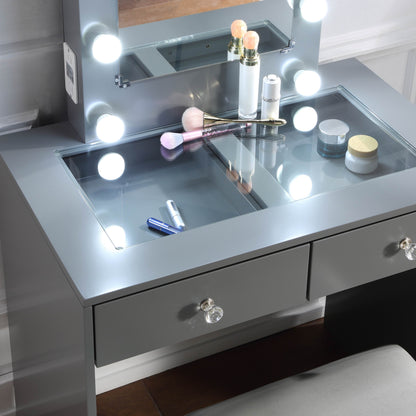 Skyla Makeup Vanity and Stool Set with 10 Lights - Gray