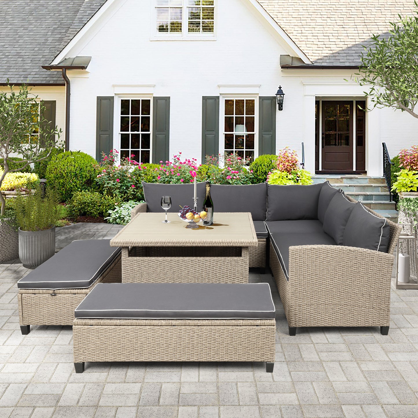 Mira 6 Pc Outdoor Patio Wicker Rattan Sectional Sofa Set - Brown