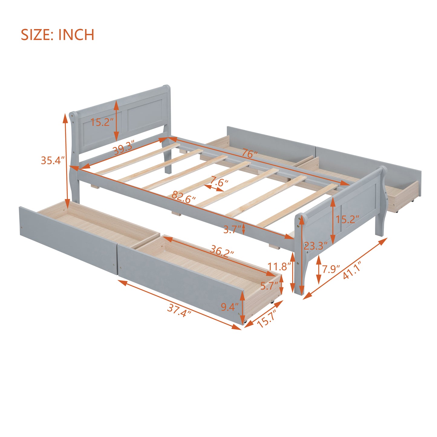 Meg Twin Size Wood Platform Bed with 4 Drawers - Gray