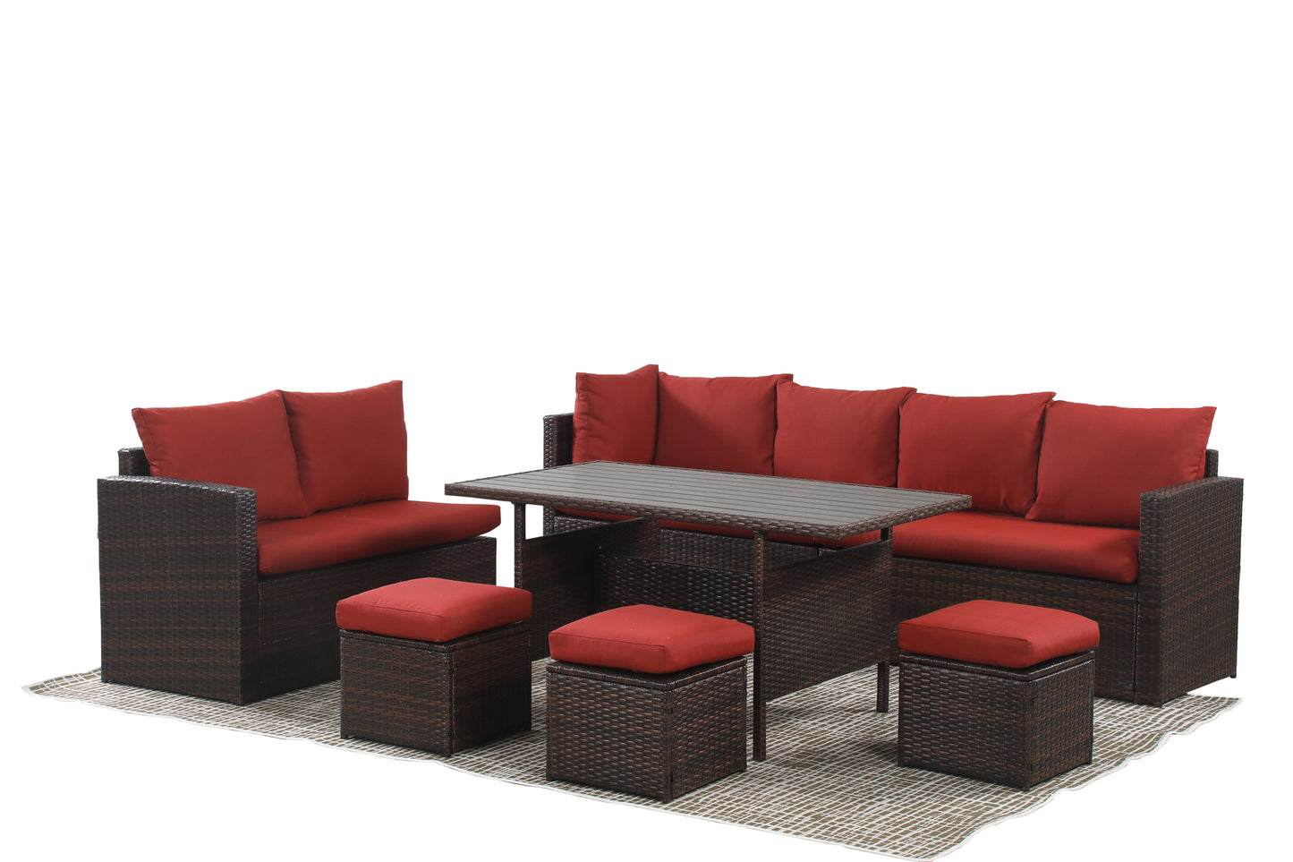 Kyoko 7 Pc PE Rattan Wicker Patio Dining Sectional Cusions Sofa Set - Red