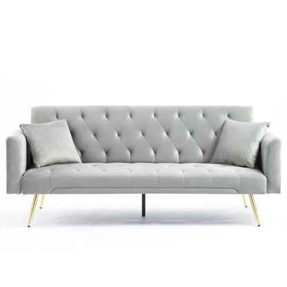 Tasa Velvet Futon Sofa Bed with Metal Legs & 2 Pillows - Grey