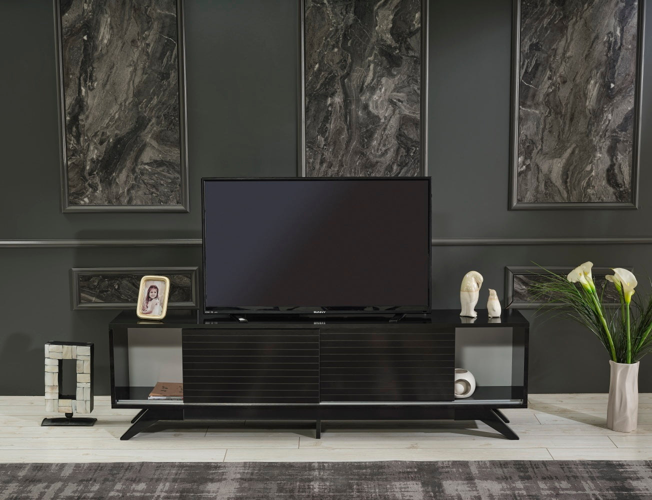 Luxia Mid Century Modern TV Stand 2 Sliding Door- Black