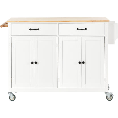 Granite Kitchen Island Cart with Solid Wood Top and Locking Wheels - White