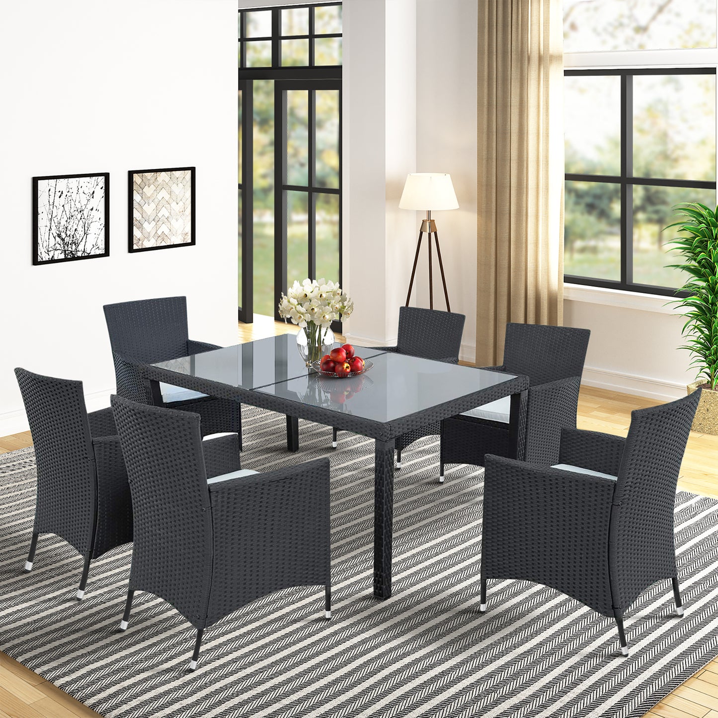 Neta 7 Pc Outdoor Patio Wicker Dining Set - Black