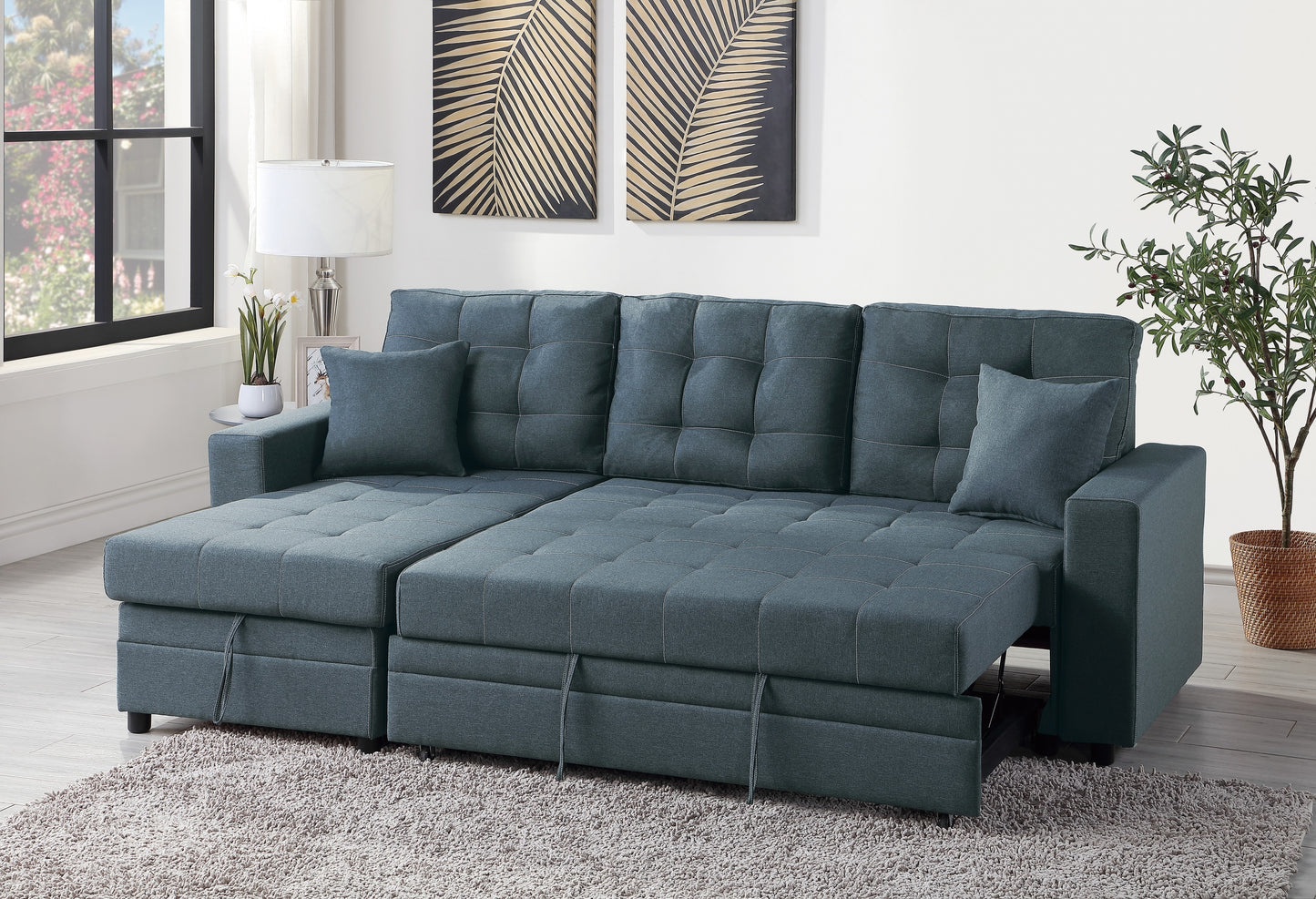 Amir Convertible Sectional Pull Out Bed Sofa Chaise Reversible Storage Chaise - Blue Grey