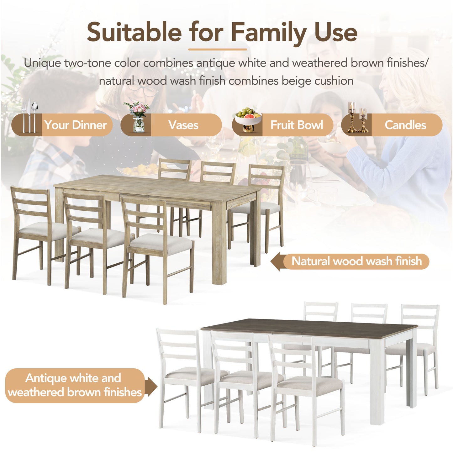 Viola 7pc Dining Set Extendable Table 6x Side Chairs - Brown+White