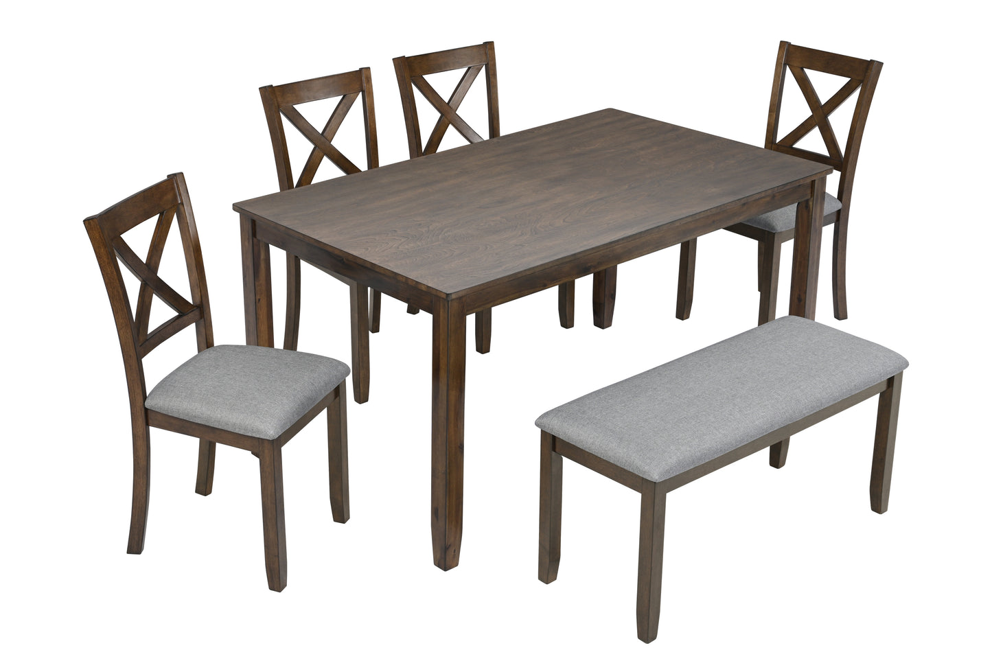 Xeno 6pc Dining Set Wooden Table 4x Side Chairs And Bench - Walnut