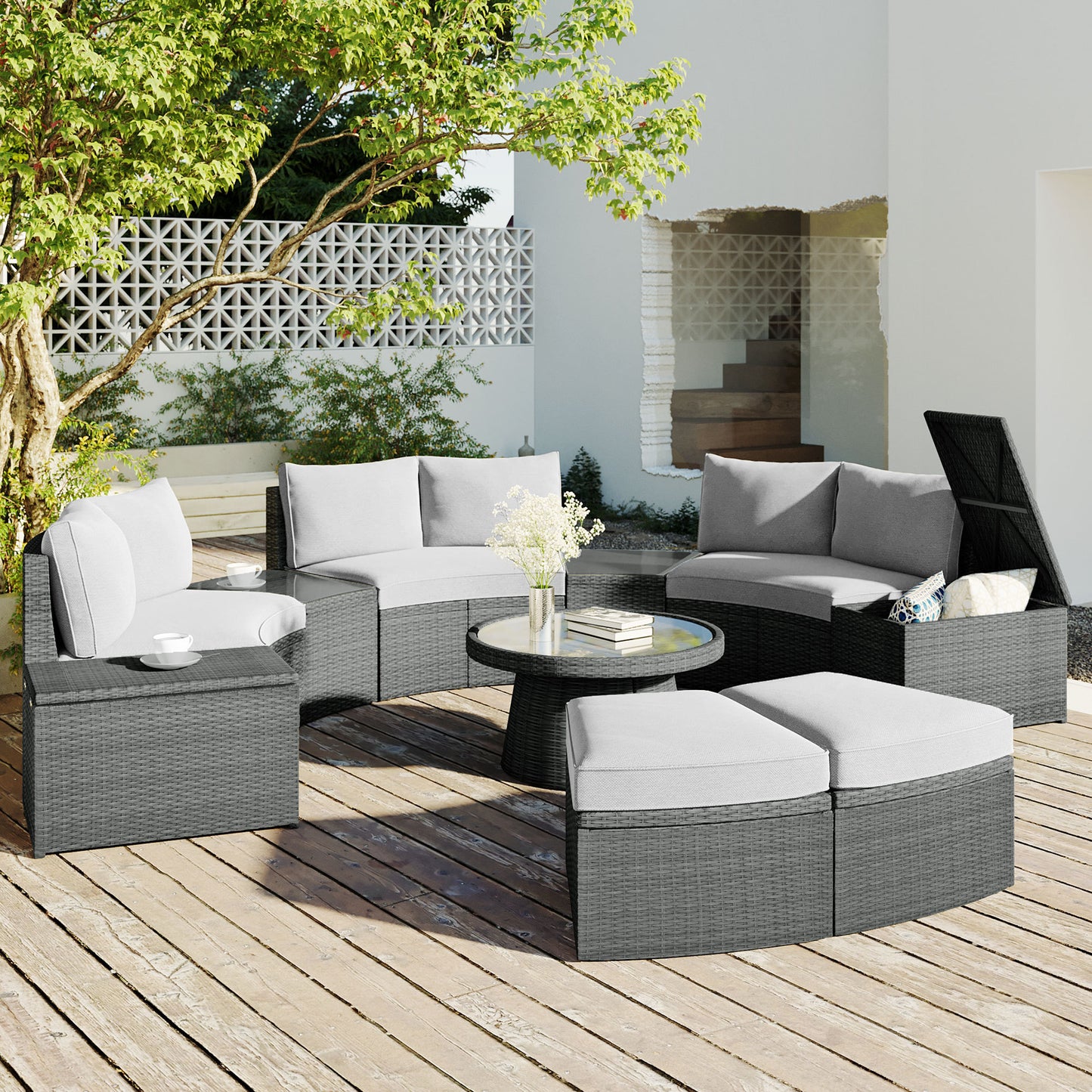 Clarkson 10 Pc Patio Rattan Half Round Sectional Sofa Set - Light Gray