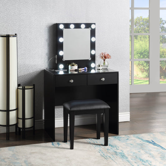 Skyla Makeup Vanity and Stool Set with 10 Lights - Black